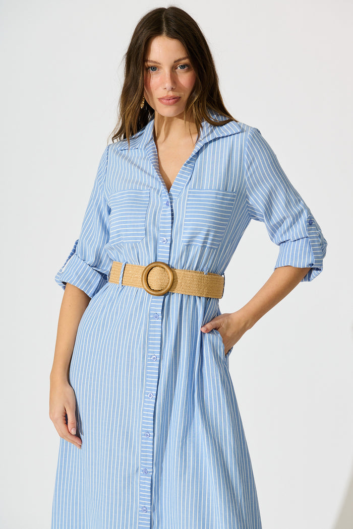 Veyda Midi Shirt Dress in Blue with White Stripe Cotton front