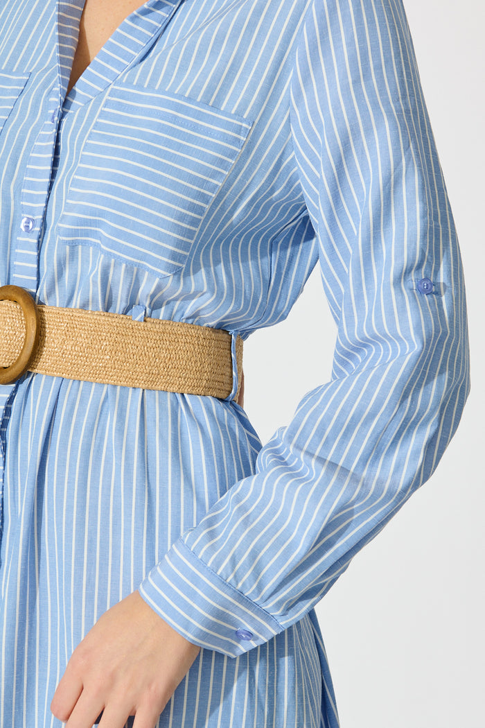 Veyda Midi Shirt Dress in Blue with White Stripe Cotton detail