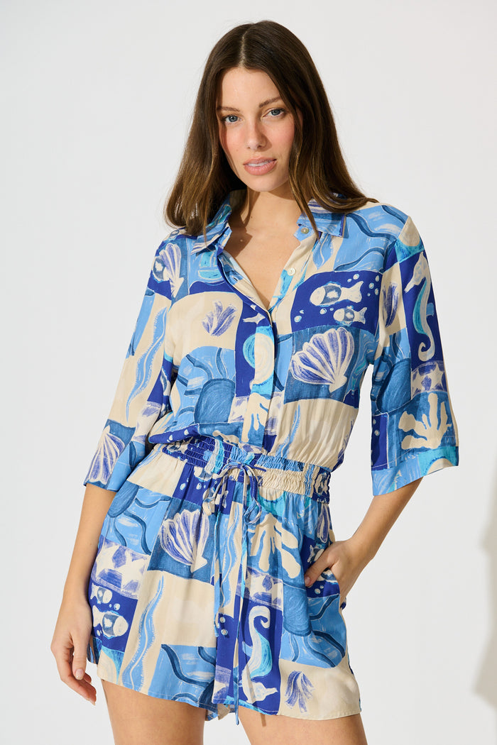 Billini Playsuit in Blue Sea Shell Print front