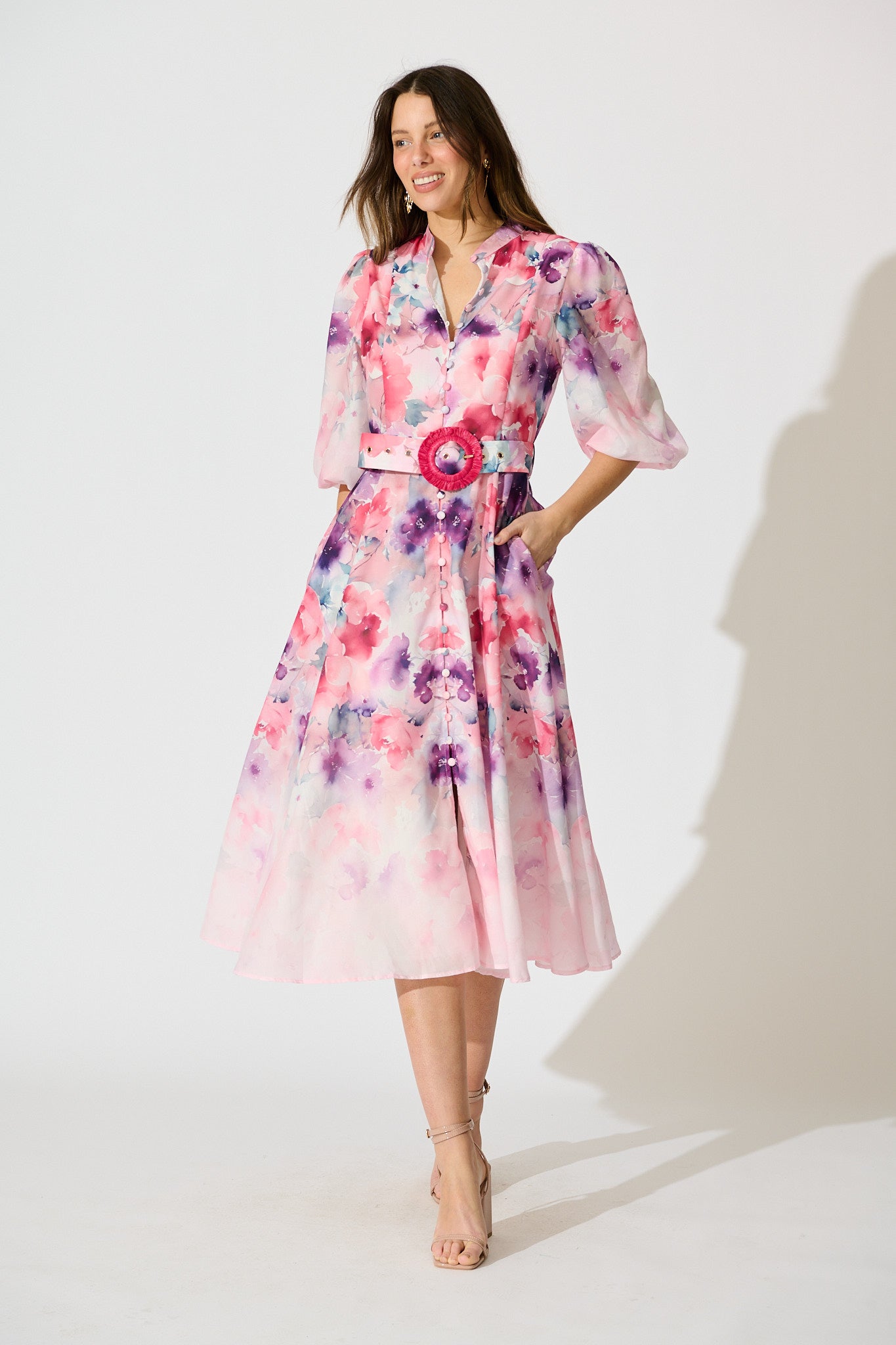 Serenade Bloom Midi Dress in Pink with Multi Floral Cotton Blend full length