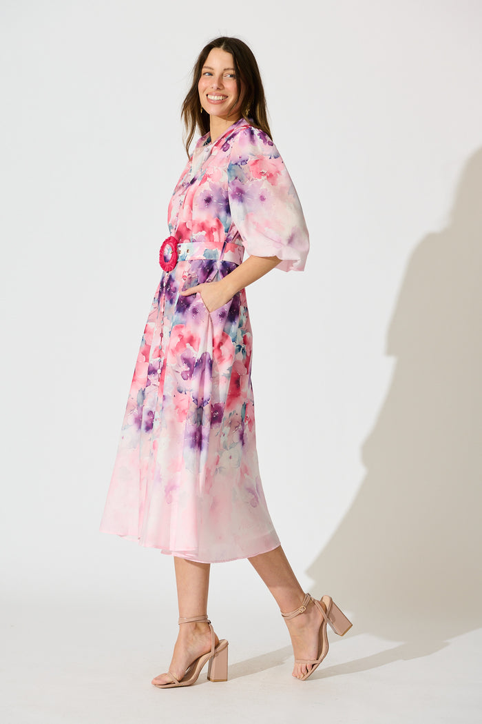 Serenade Bloom Midi Dress in Pink with Multi Floral Cotton Blend side