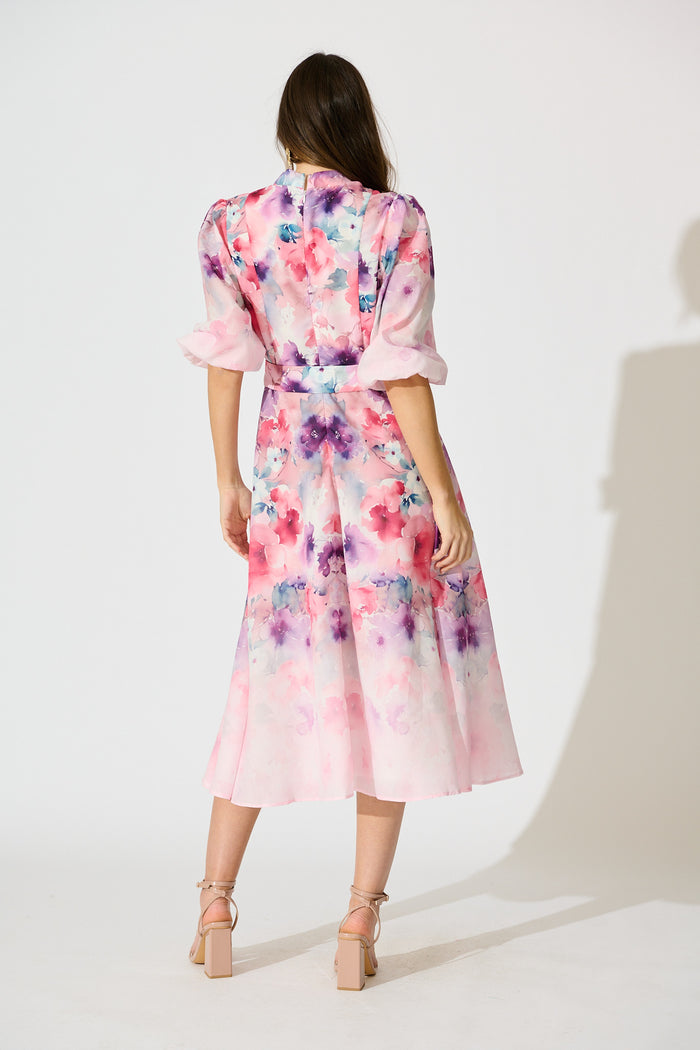 Serenade Bloom Midi Dress in Pink with Multi Floral Cotton Blend back