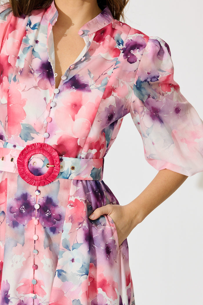 Serenade Bloom Midi Dress in Pink with Multi Floral Cotton Blend detail