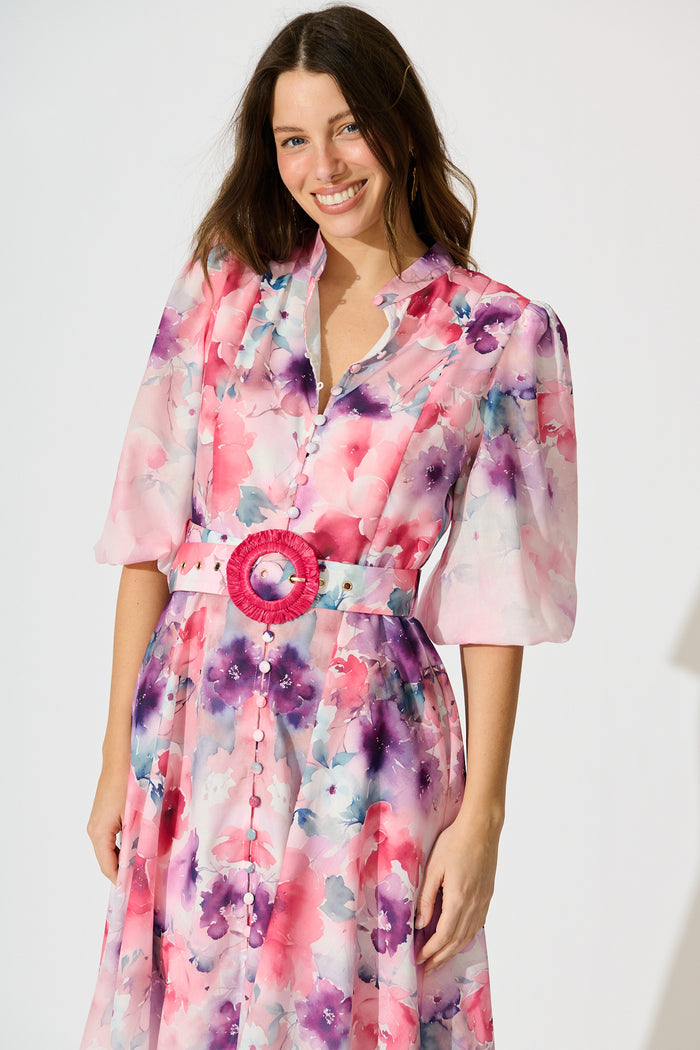 Serenade Bloom Midi Dress in Pink with Multi Floral Cotton Blend front