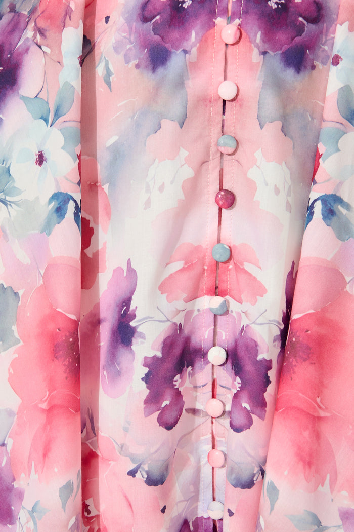 Serenade Bloom Midi Dress in Pink with Multi Floral Cotton Blend fabric