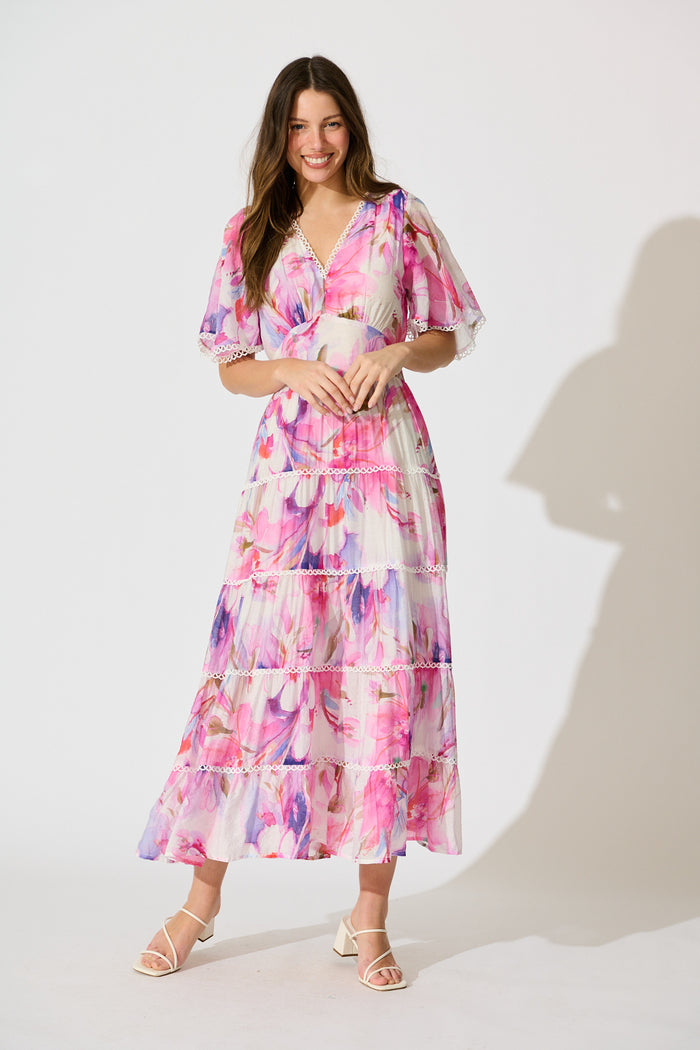 Enrika Maxi Dress in White with Pink Watercolour full length