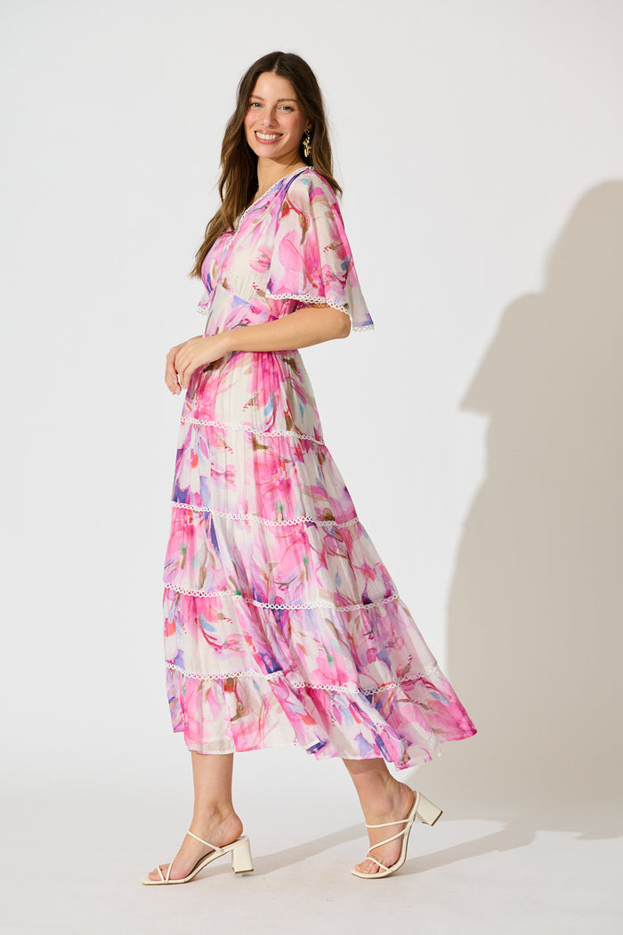 Enrika Maxi Dress in White with Pink Watercolour side
