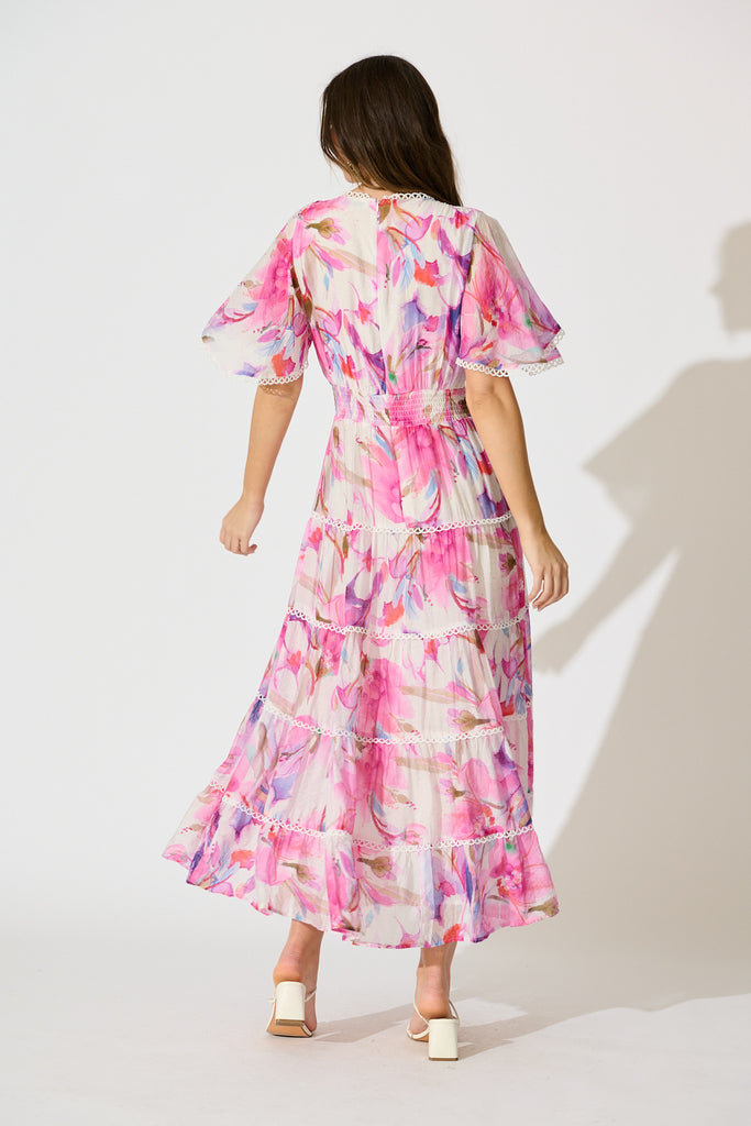 Enrika Maxi Dress in White with Pink Watercolour back