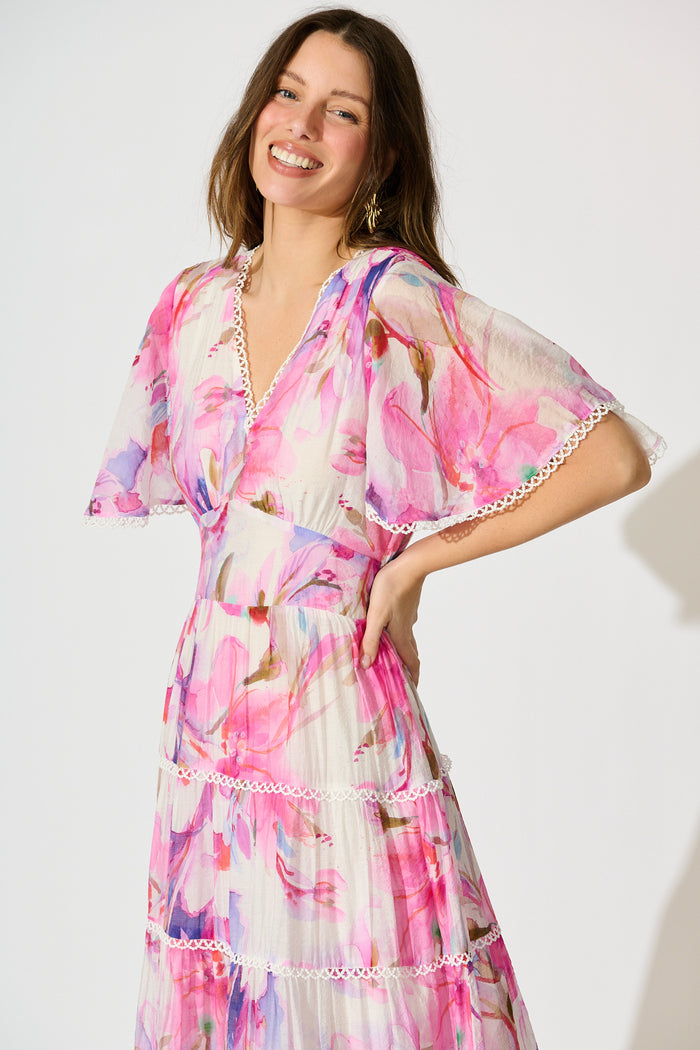 Enrika Maxi Dress in White with Pink Watercolour front