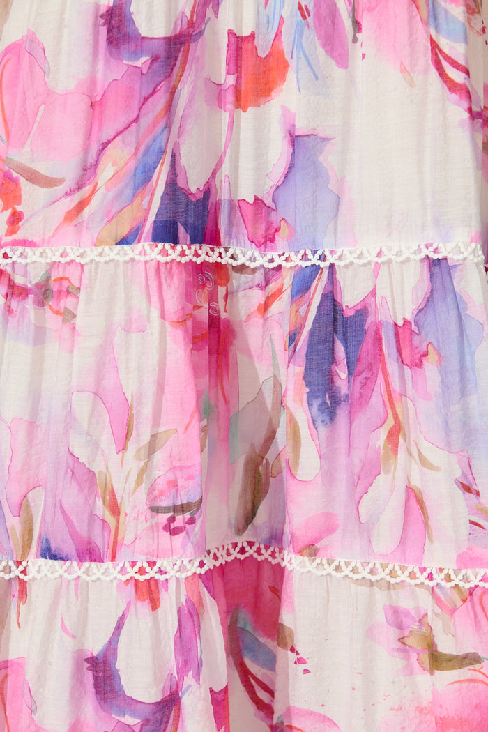 Enrika Maxi Dress in White with Pink Watercolour fabric