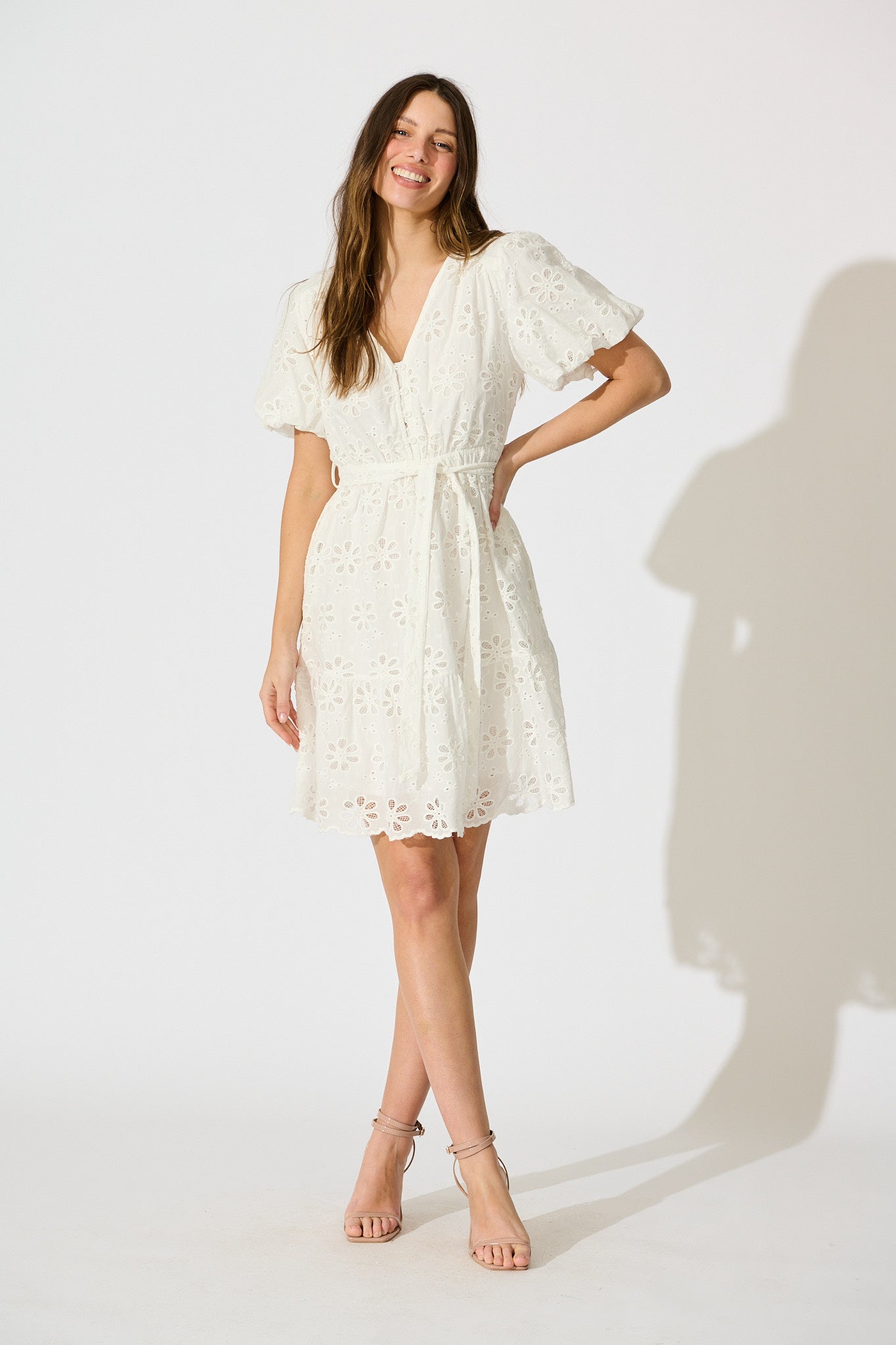 Juliette Dress in White Broderie Cotton full length