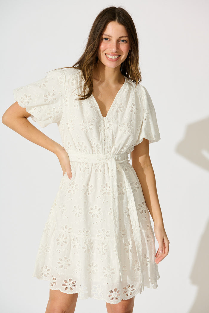 Juliette Dress in White Broderie Cotton front