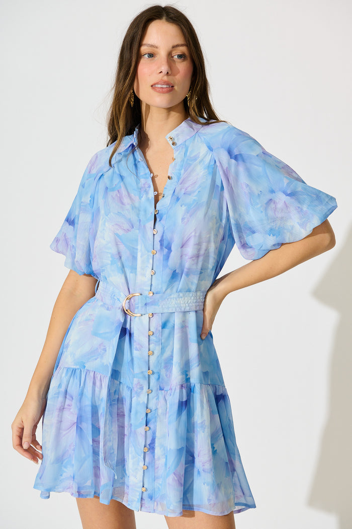 Dawnfall Dress in Blue Floral Chiffon front