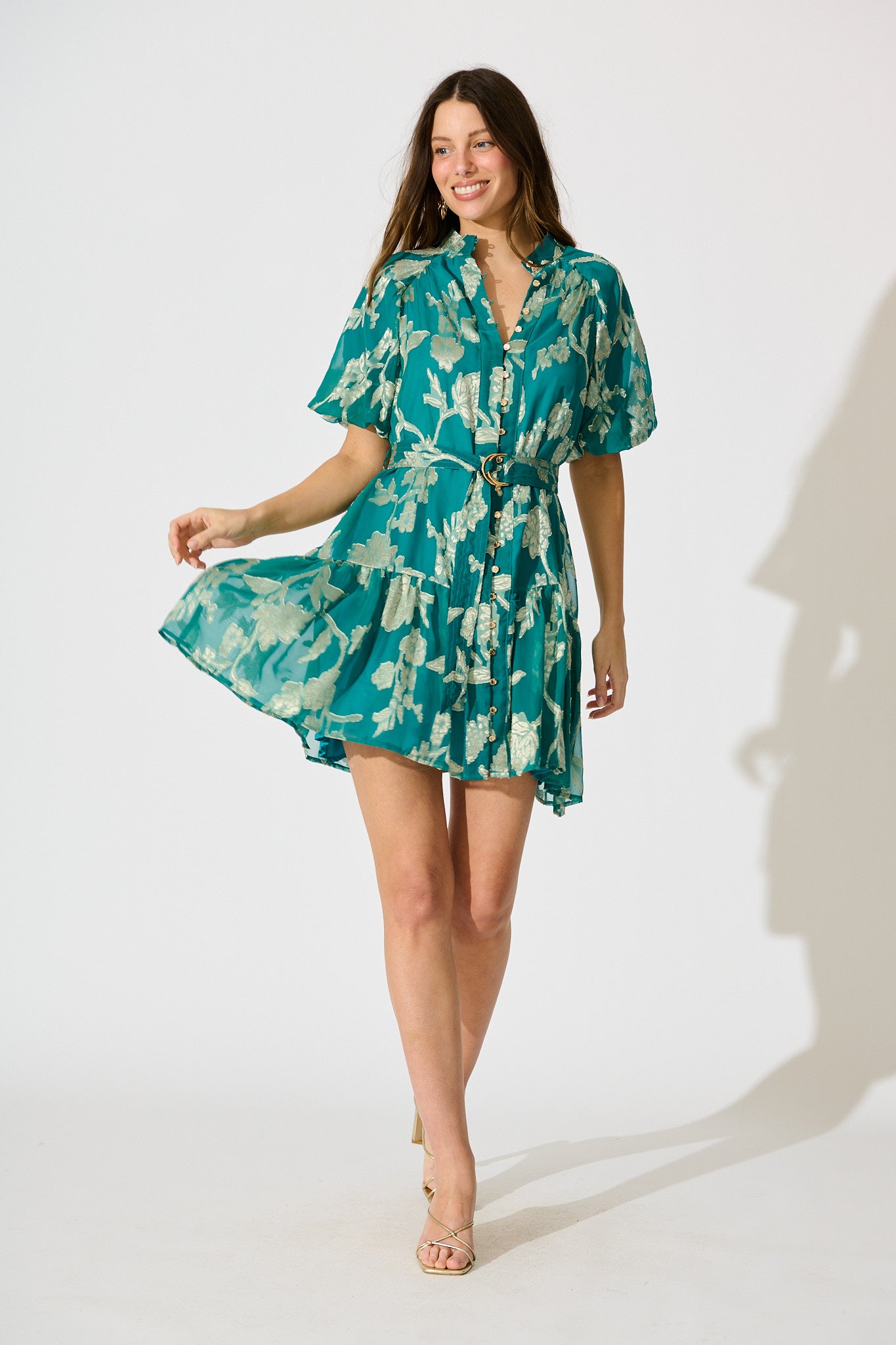 Dawnfall Dress in Teal with Pale Gold Floral Burnout Chiffon full length