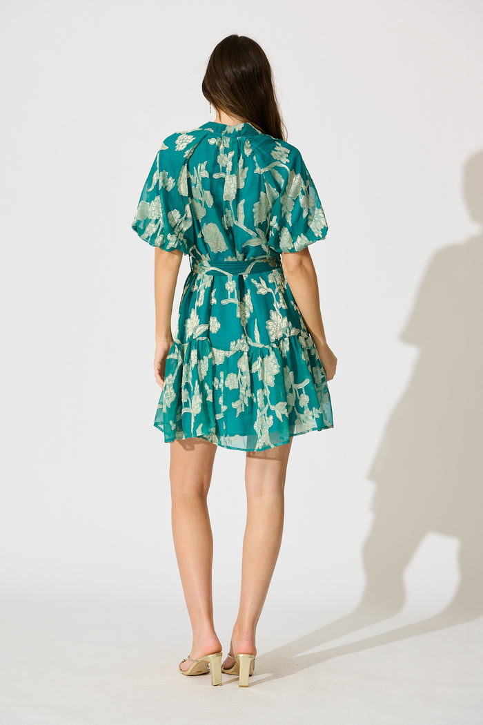 Dawnfall Dress in Teal with Pale Gold Floral Burnout Chiffon back