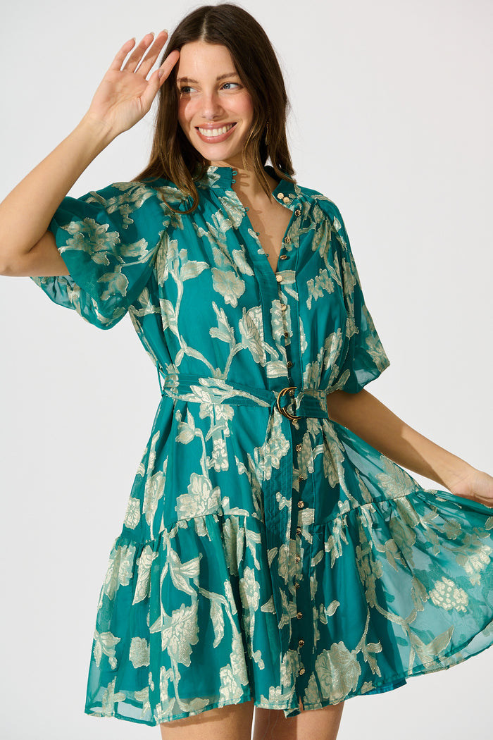 Dawnfall Dress in Teal with Pale Gold Floral Burnout Chiffon front