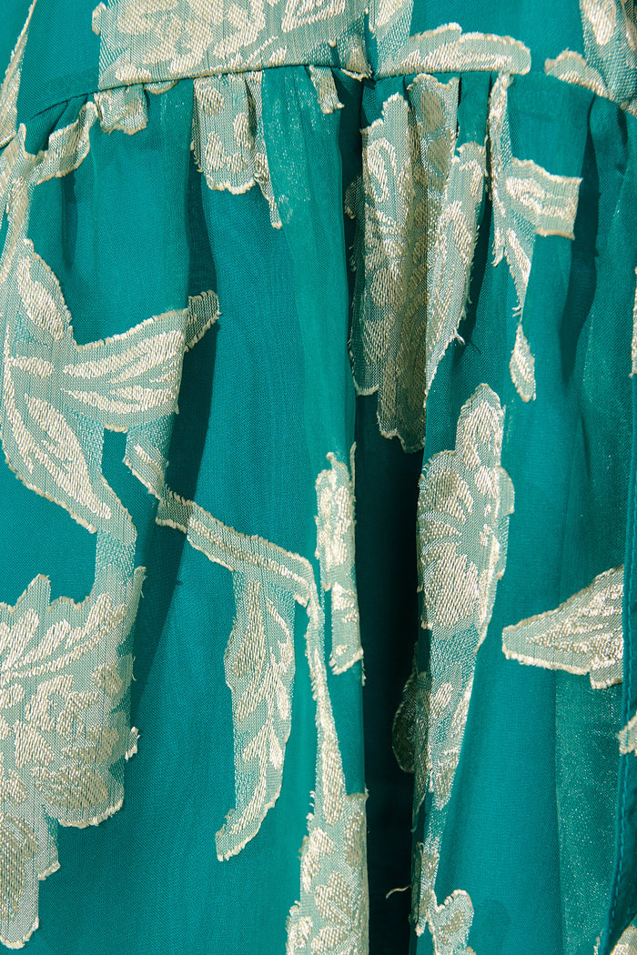 Dawnfall Dress in Teal with Pale Gold Floral Burnout Chiffon fabric