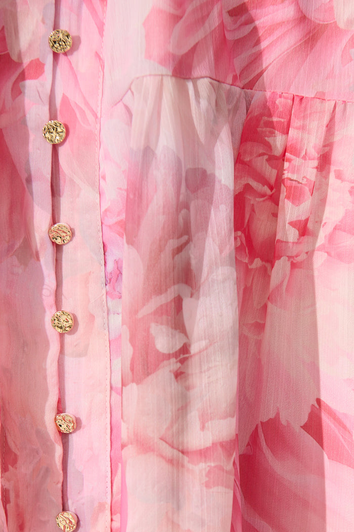 Dawnfall Dress in Pink Floral Chiffon fabric