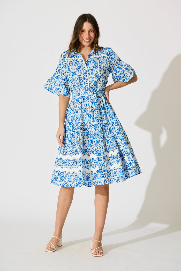 Janella Midi Dress in White with Blue Cotton full length