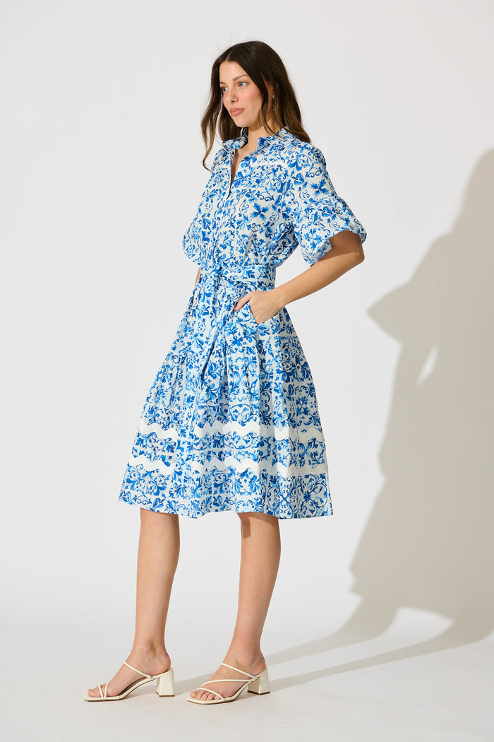 Janella Midi Dress in White with Blue Cotton side