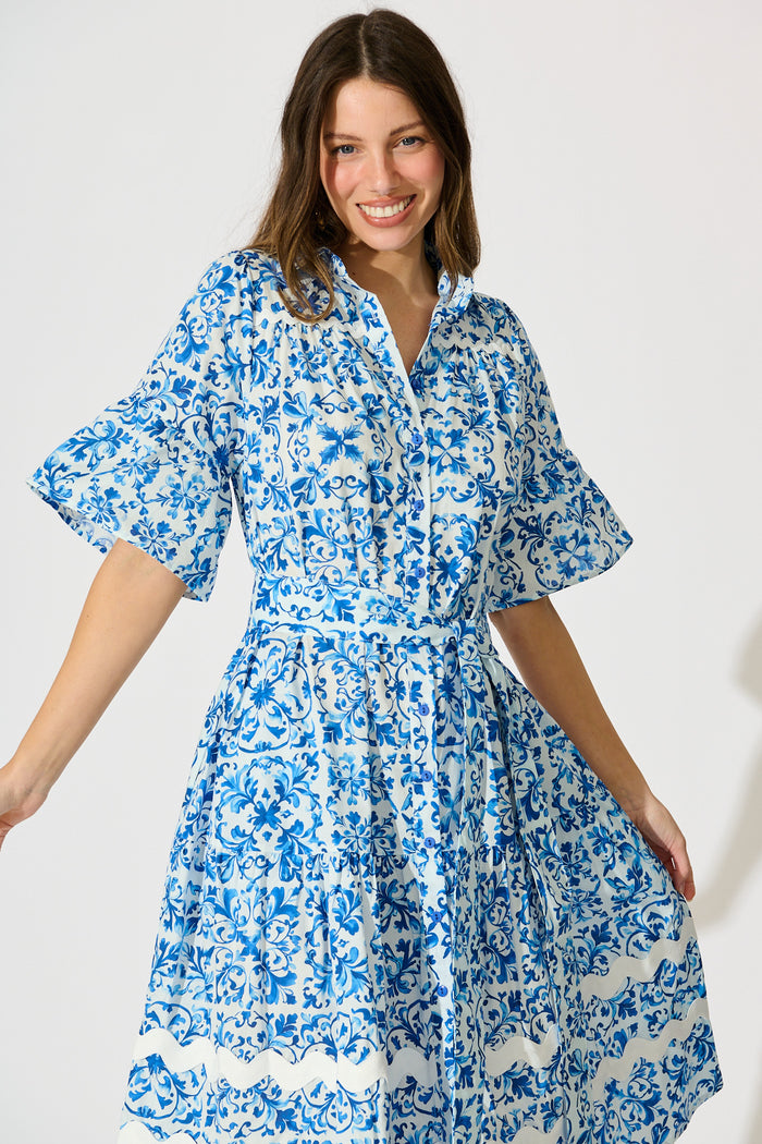 Janella Midi Dress in White with Blue Cotton front