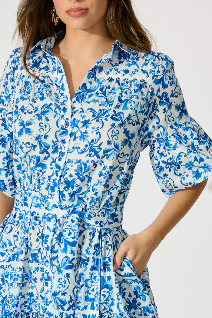 Janella Midi Dress in White with Blue Cotton detail