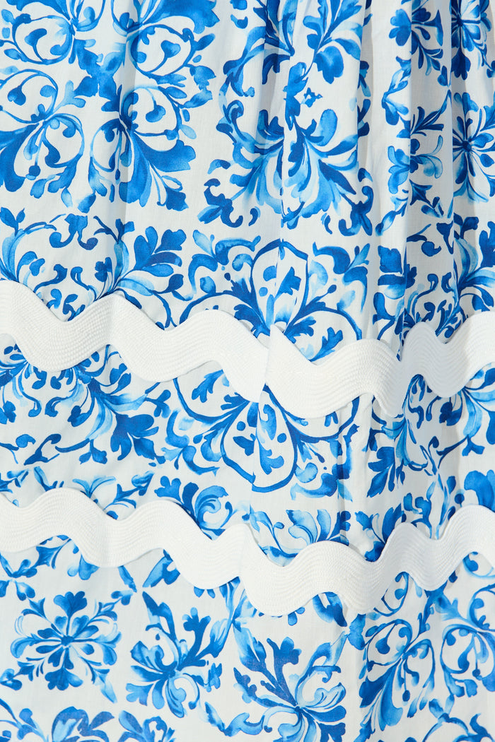 Janella Midi Dress in White with Blue Cotton fabric