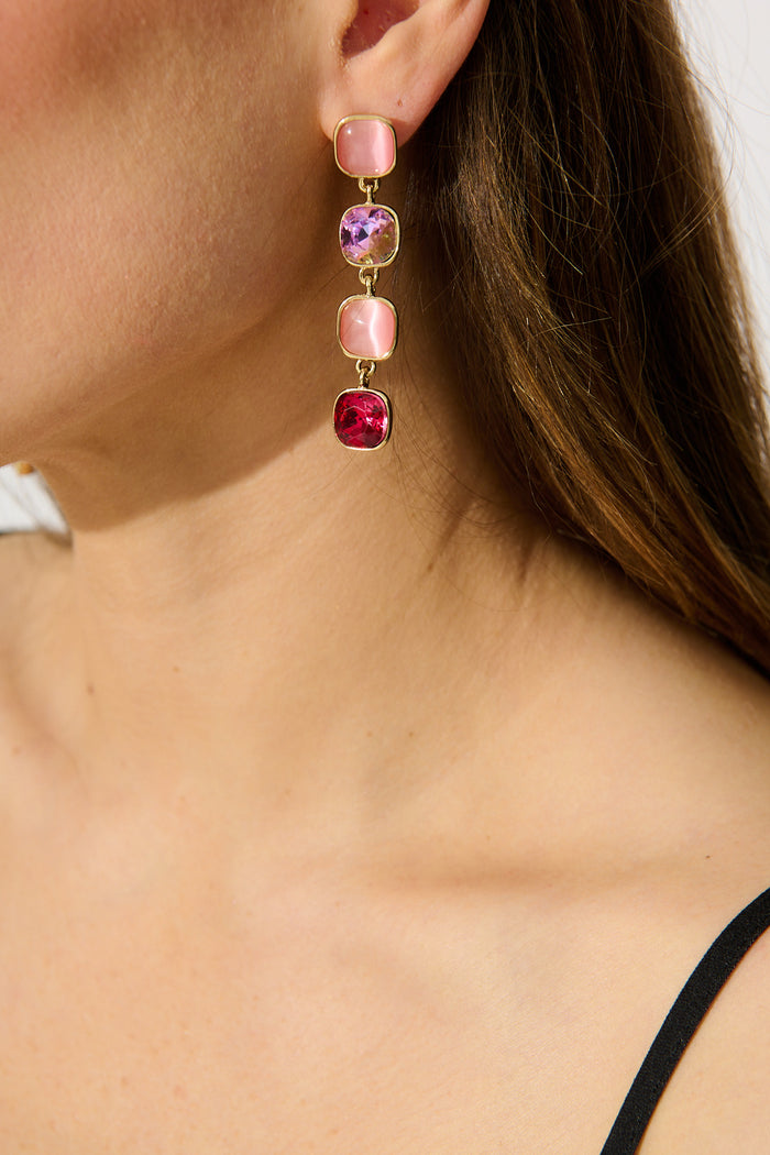 Liana Drop Earrings In Multi Red on model close up