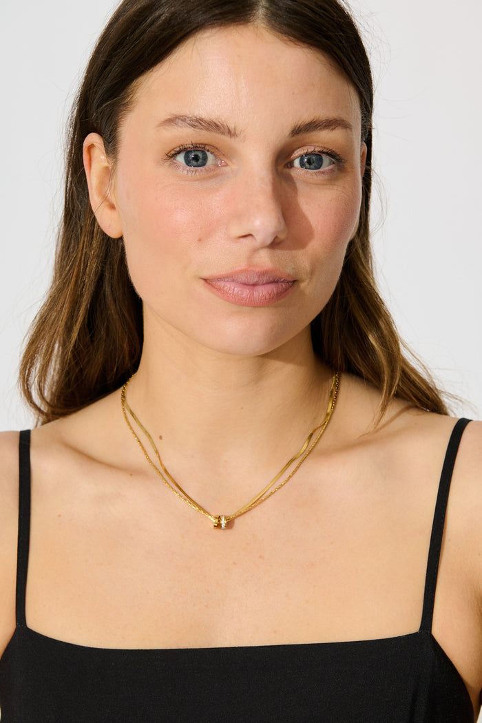 Maya Double Chain Pendant Necklace in Gold with Diamante on model front