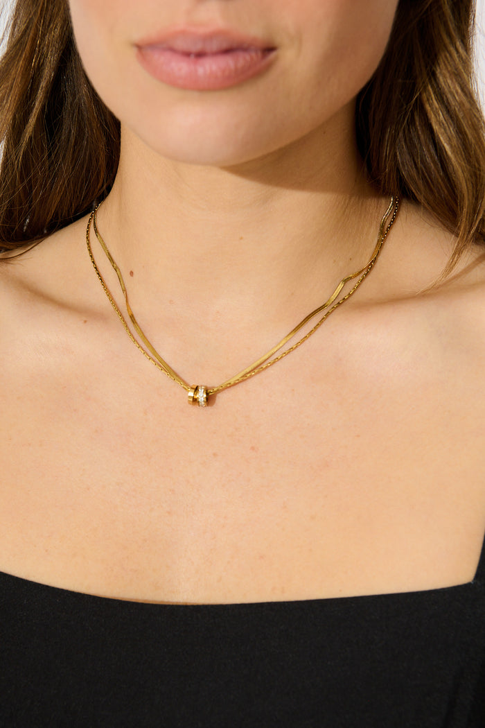 Maya Double Chain Pendant Necklace in Gold with Diamante on model close up