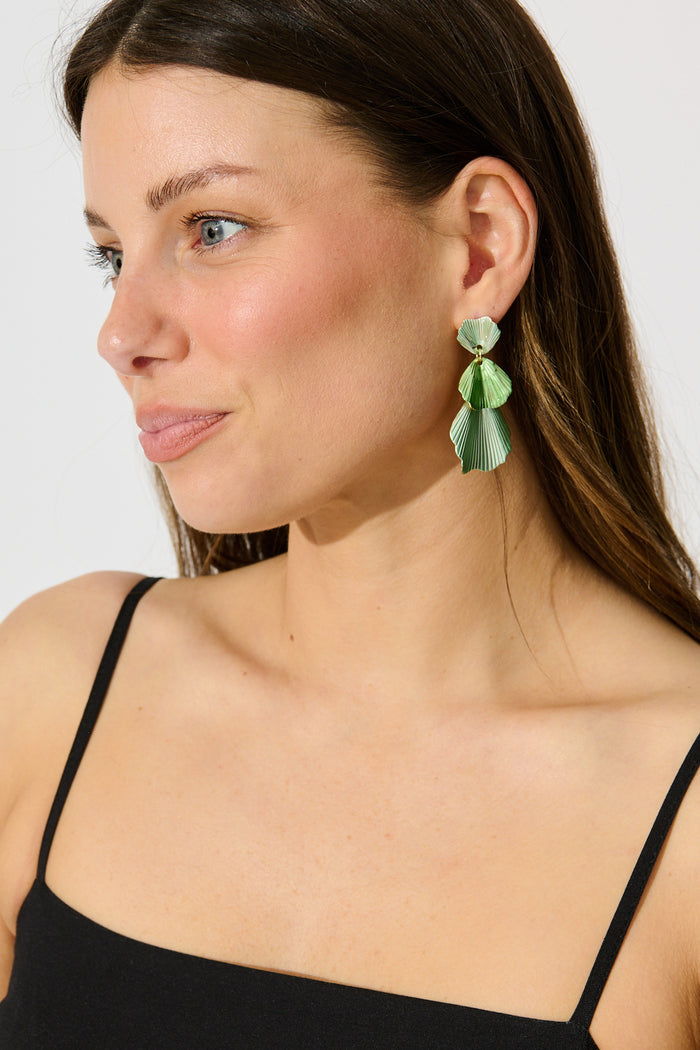 Primrose Drop Earrings In Multi Green on model side