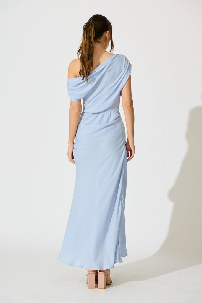 Marielle Off Shoulder Maxi Dress in Dusty Blue Chiffon back