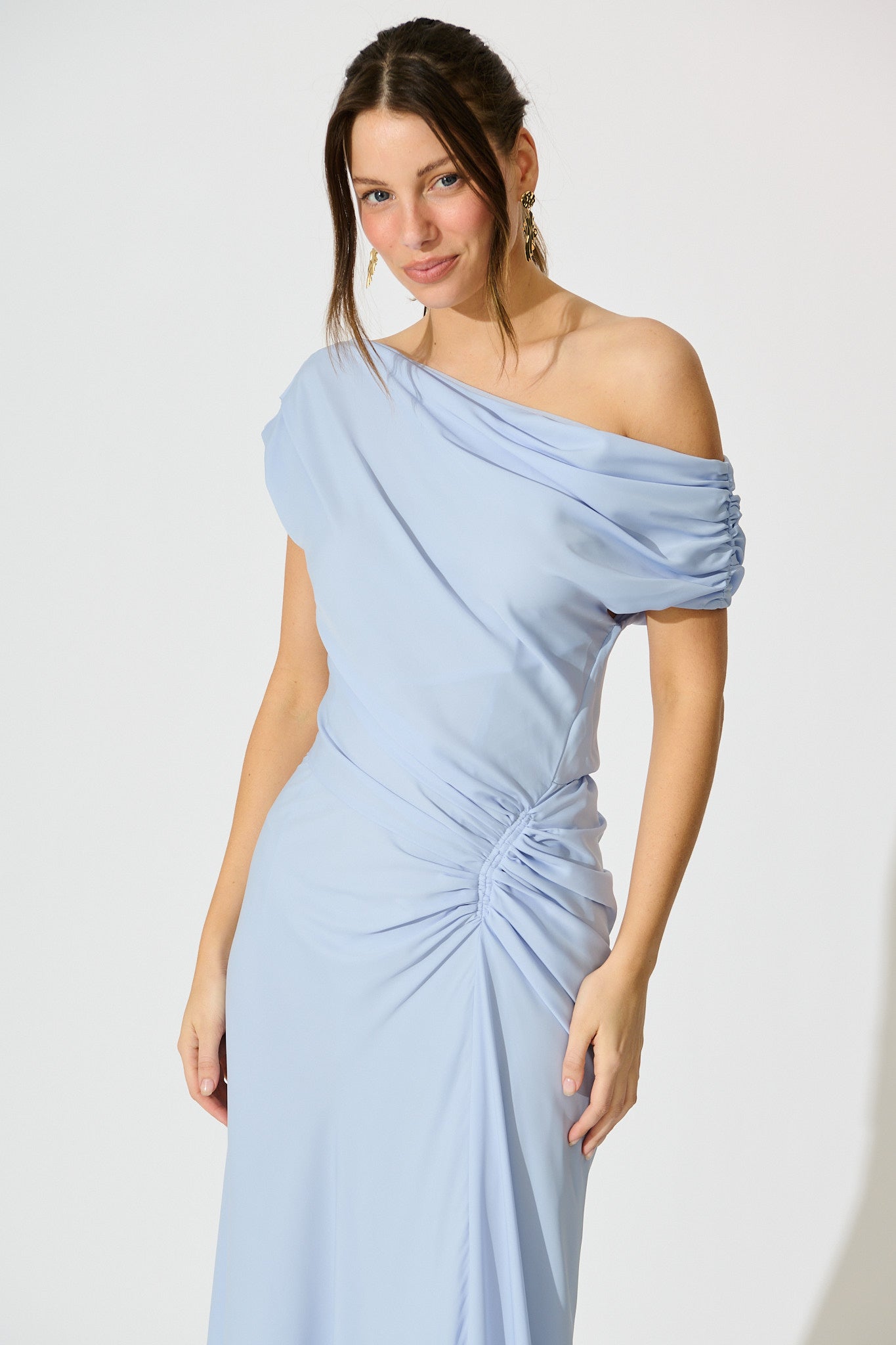Marielle Off‑Shoulder Maxi Dress – Dusty Blue Chiffon