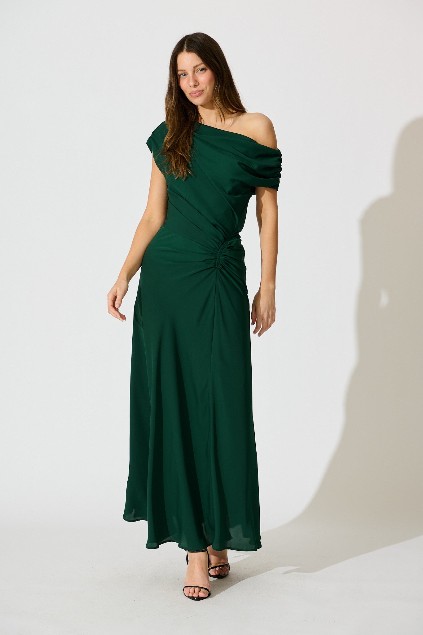Marielle Off Shoulder Maxi Dress in Emerald Chiffon full length