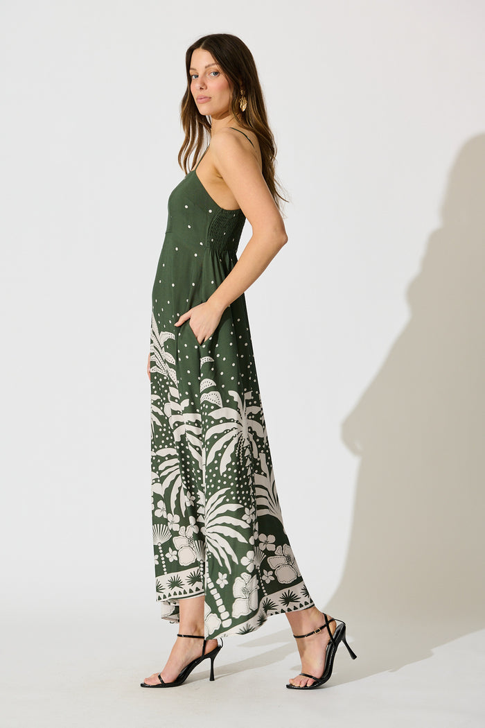 Yetta Maxi Sundress in Emerald with White Palm Print side