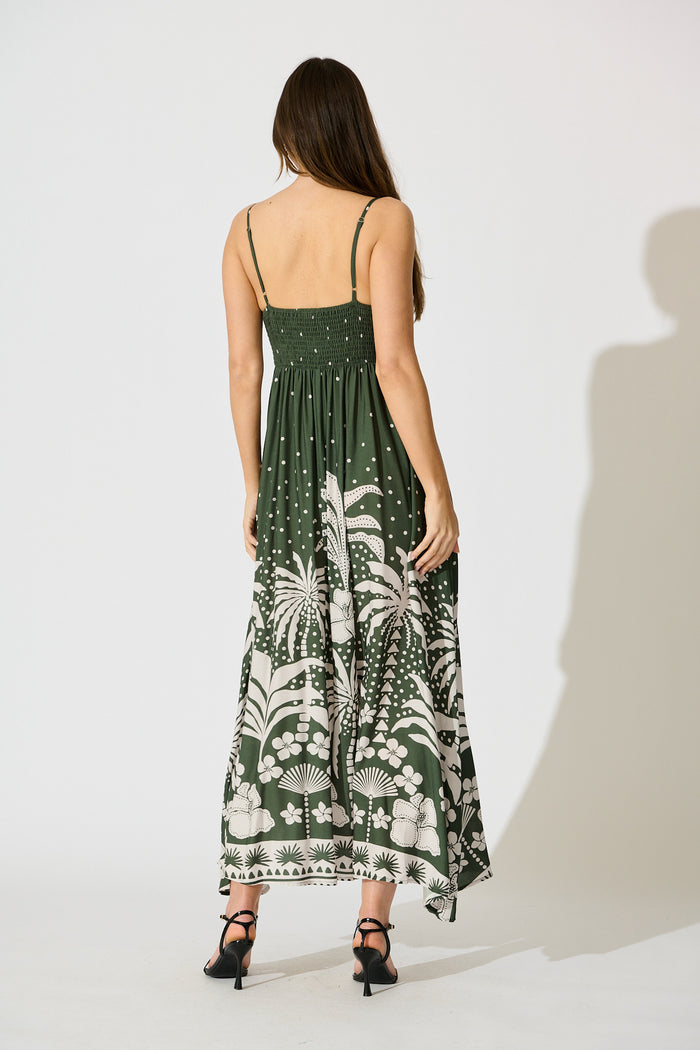 Yetta Maxi Sundress in Emerald with White Palm Print back