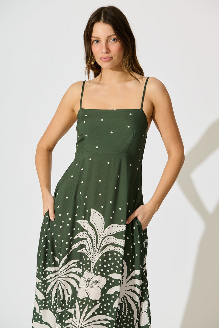 Yetta Maxi Sundress in Emerald with White Palm Print front