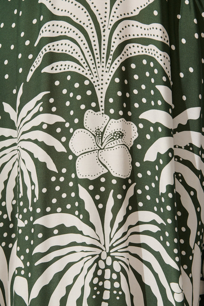 Yetta Maxi Sundress in Emerald with White Palm Print fabric