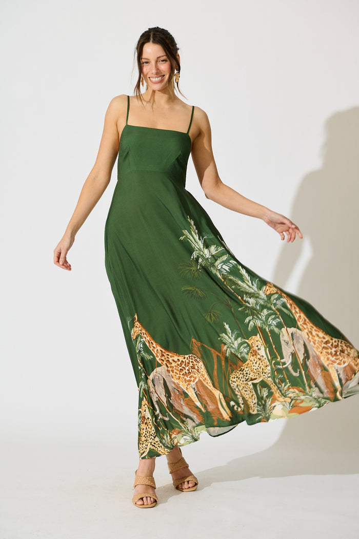 Yetta Maxi Sundress in Green Print full length