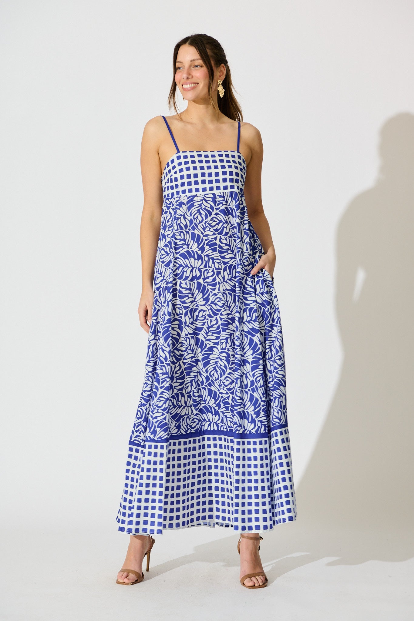 Lova Maxi Sundress in Blue with White Cotton full length