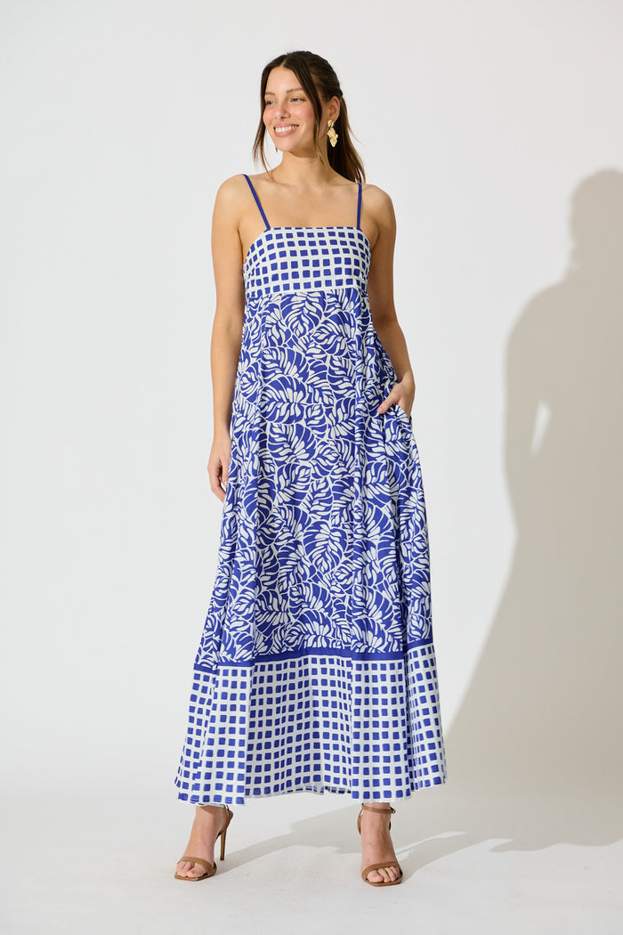 Lova Maxi Sundress in Blue with White Cotton full length