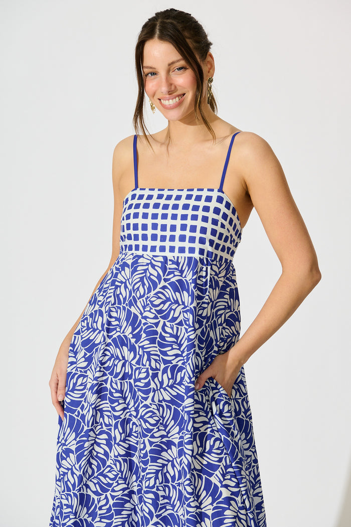 Lova Maxi Sundress in Blue with White Cotton front