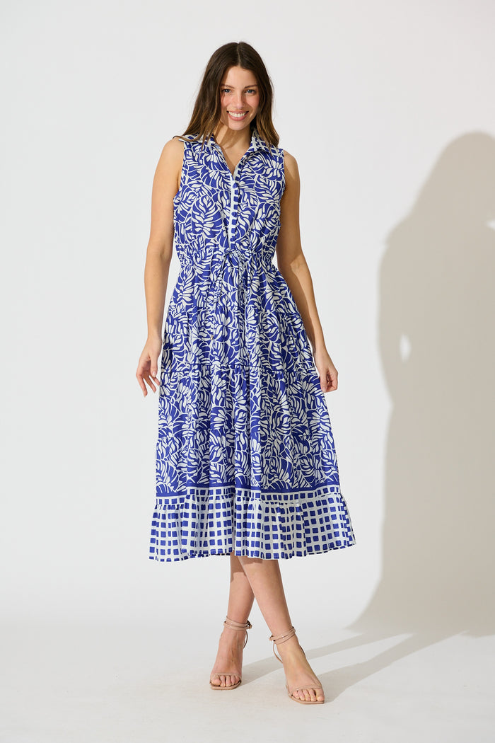 Maelle Midi Dress in Blue with White Cotton – Summer Midi Dress