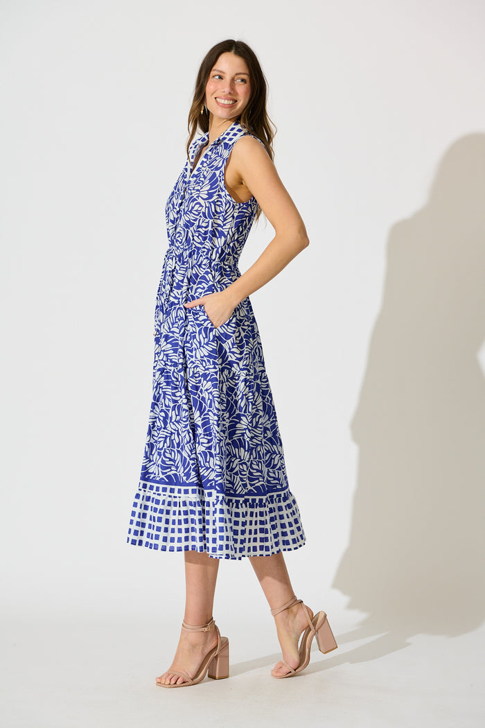 Maelle Midi Dress in Blue with White Cotton side