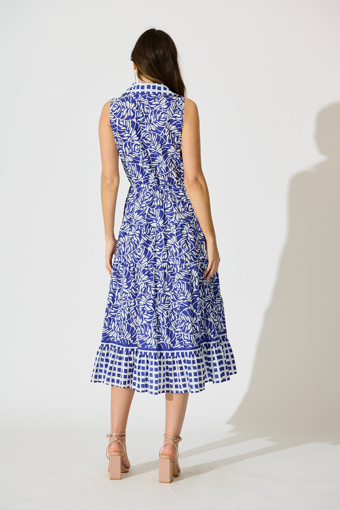 Maelle Midi Dress in Blue with White Cotton back