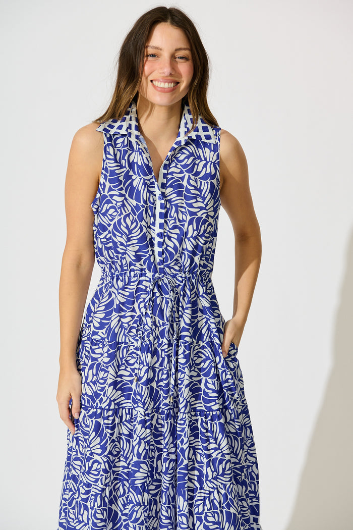 Maelle Midi Dress in Blue with White Cotton front