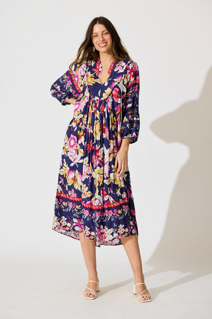 Covey Midi Dress in Navy with Multi Floral full length