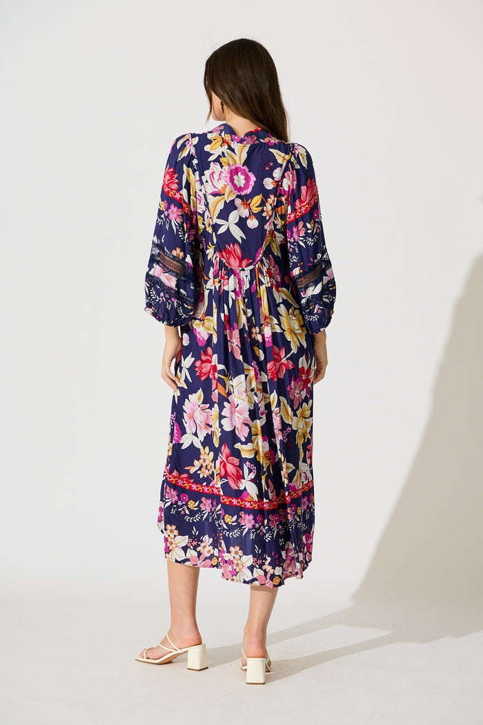 Covey Midi Dress in Navy with Multi Floral back