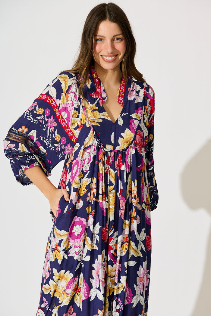 Covey Midi Dress in Navy with Multi Floral front