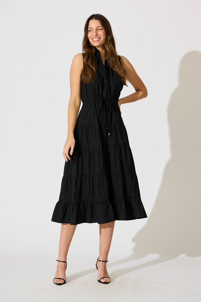 Vrinda Midi Dress in Black Cotton full length